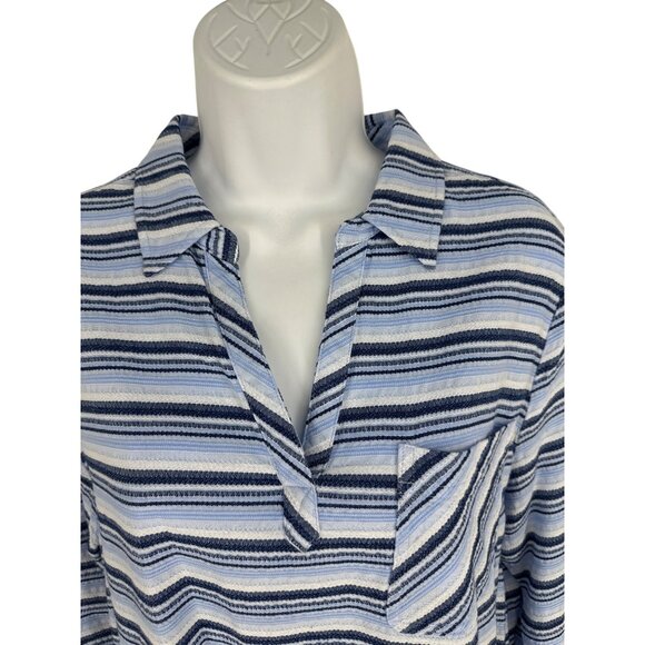 Chico's Striped 3/4 Sleeve Collared Blouse With Roll Tab Sleeves Size 2 US L - Picture 2 of 11